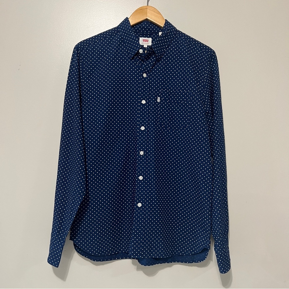 Levi's Button Down Long Sleeve Men's Top Size Medium Navy Blue Polka Dot Print